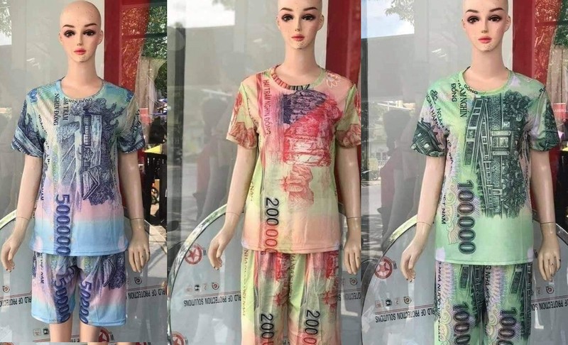 Những bộ quần áo được in hình ảnh tiền tệ Việt Nam và rao bán trên mạng xã hội.